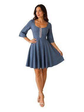 Ioanna Kourbela Basics Blue Fit & Flare Dress Womens Small Scoop Neck Hook Front